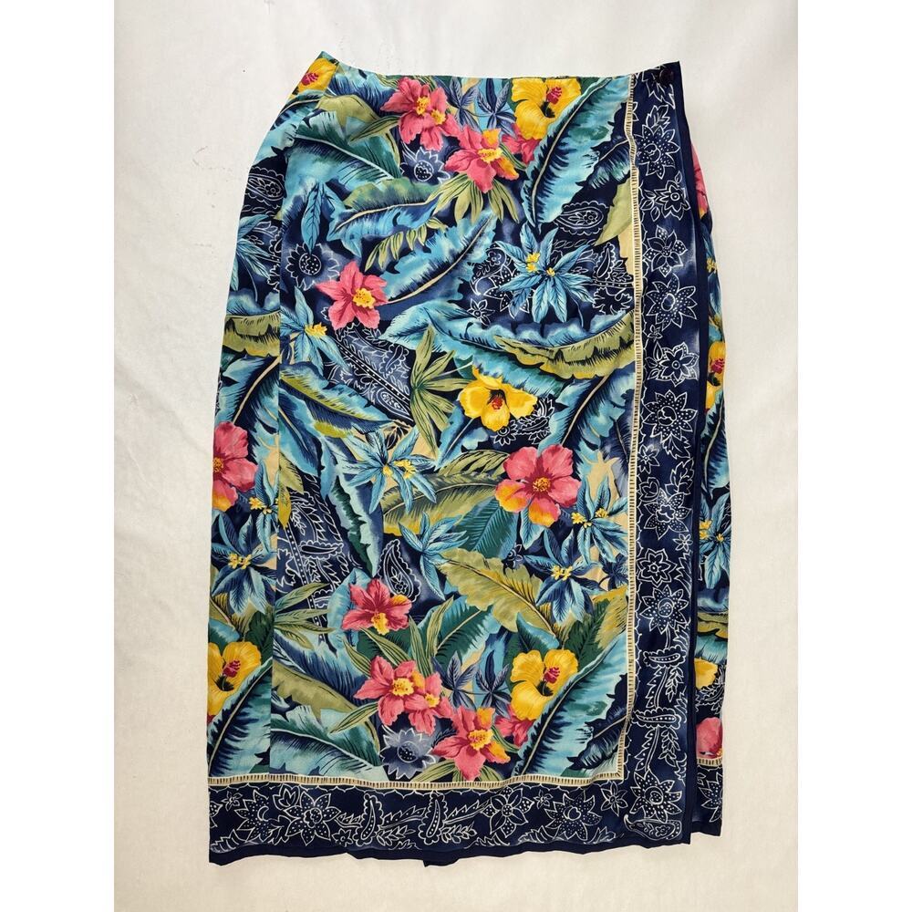Vintage 90s Y2K Talbots 100% Silk Floral Tropical Skirt Blue Women 10P Petite